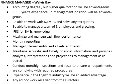 Client's Finance Manager brief: accounting degree, experience, NAMRA knowledge, team management and financial reporting