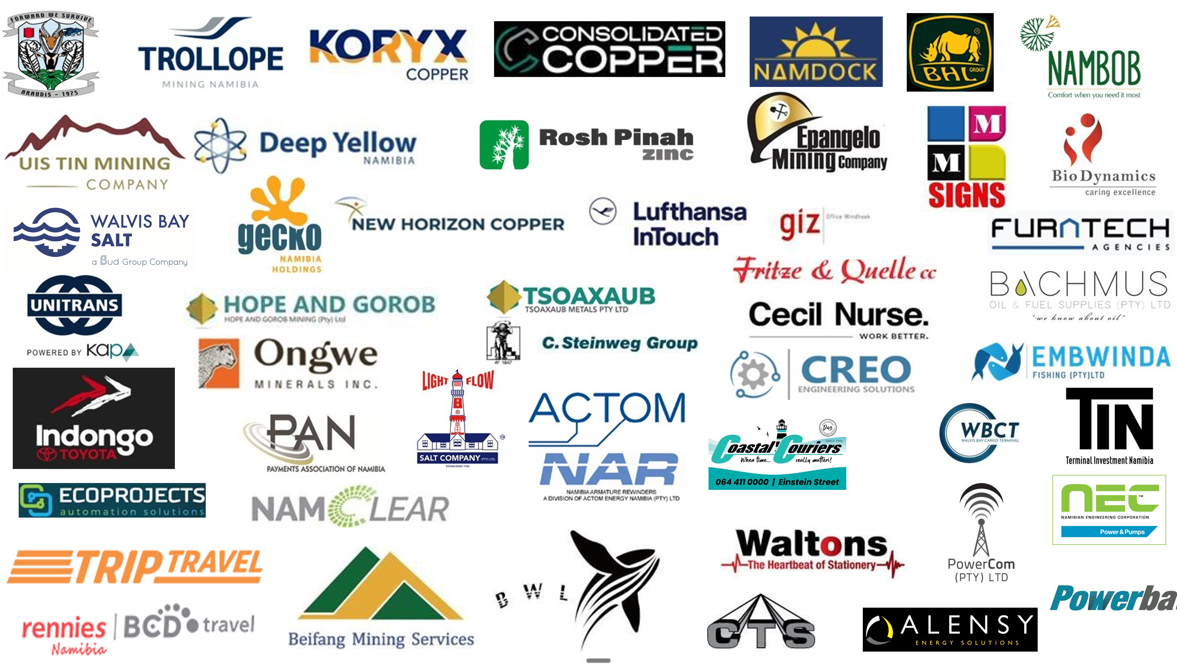 Client logos including Arandis, Trollope Mining Namibia, Koryx Copper, Consolidated Copper, Namdock, BHL, Nambob, Uis Tin Mining, Deep Yellow, Rosh Pinah Zinc, Epangelo, Walvis Bay Salt, Gecko Namibia, New Horizon Copper and other client organisations