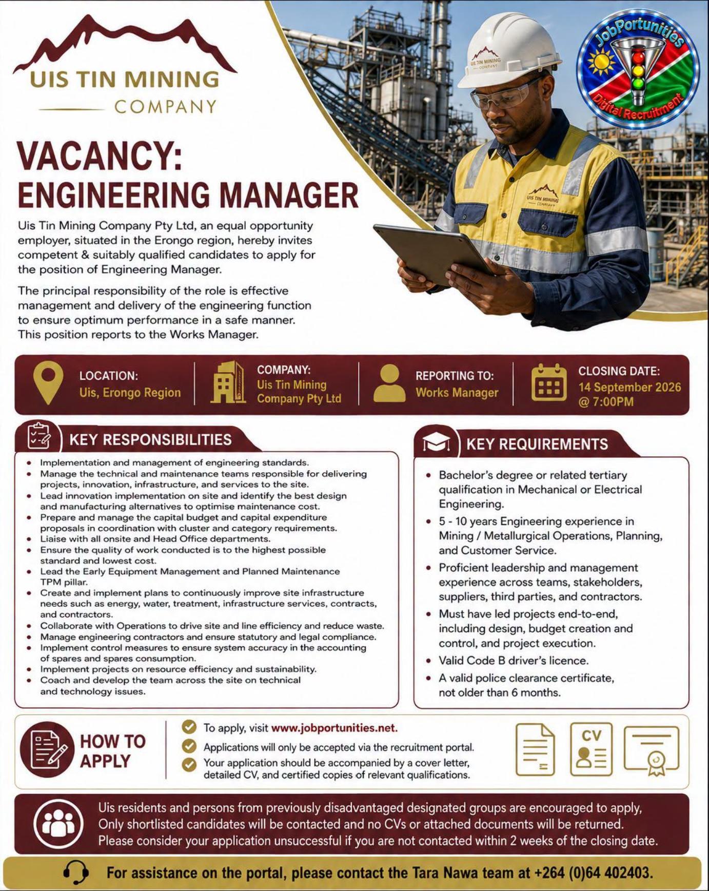 Uis Tin Mining Engineering Manager social advert example with responsibilities, requirements and application instructions