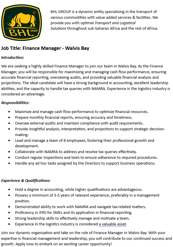 Completed BHL Finance Manager vacancy description with introduction, responsibilities, experience and qualifications